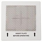 The Purification Ozone Plate for AirWorX Air Purifier is a white square with a mesh center, two black upward arrows, and the text "INSERT PLATE BEFORE OPERATING" below the mesh.