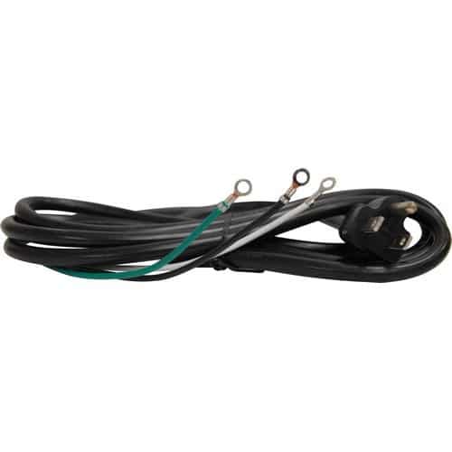 The EdenPURE AC Cord A3846-RP for Gen 3 500 and 500 XL is black, coiled, with a standard three-prong plug and three wire leads—green, white, and black—with ring terminals on the other end.