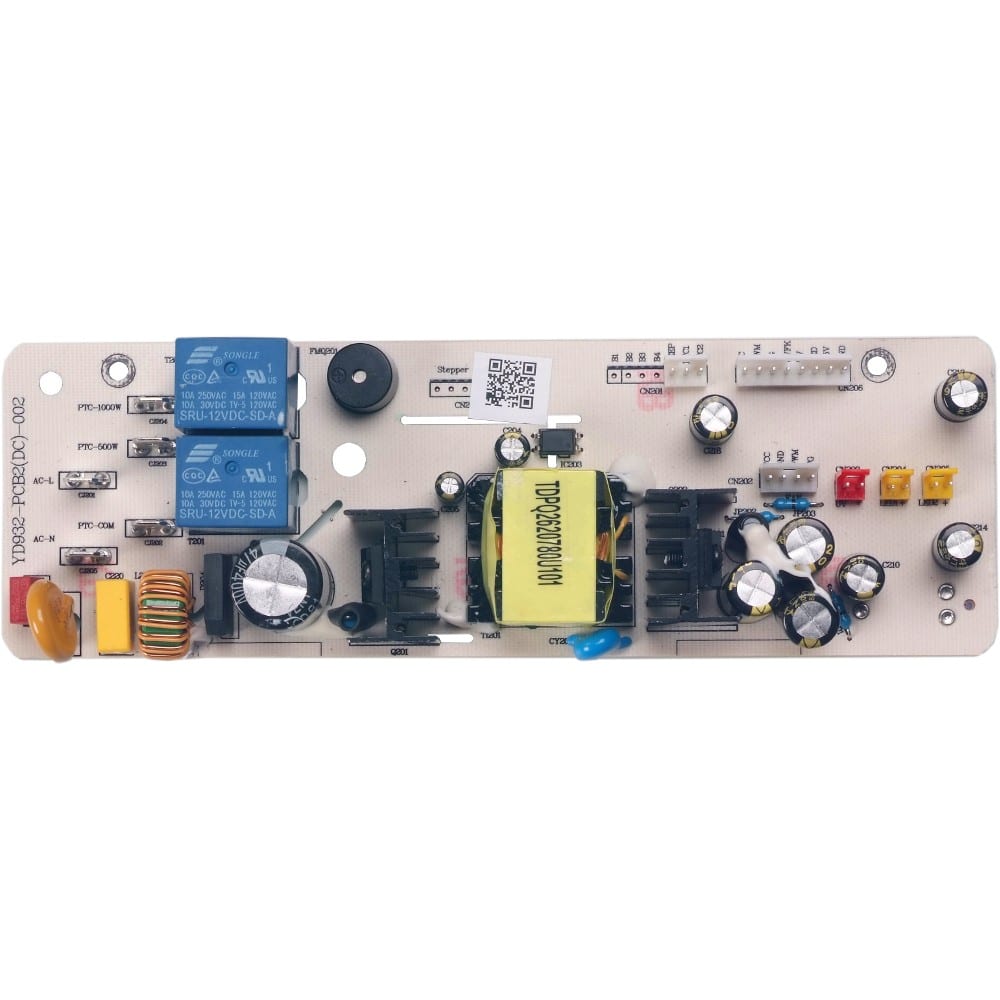 Rear PC Control Board for EdenPURE Wall Hugger - YN009 features blue relays, black capacitors, a yellow transformer, heat sinks, and multiple resistors and connectors arranged on a white circuit board.