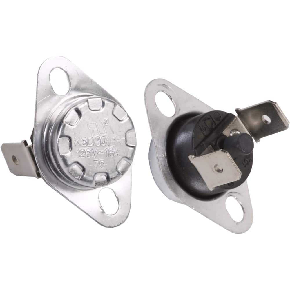 Two metal thermostat switches with mounting brackets, each with circular tops and two flat terminals, shown front and back—compatible as Left Heat Sensor for EdenPURE Wall Hugger and GEN21 (YN020) replacements.