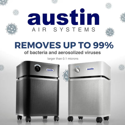 Two Austin Air Healthmate Plus Air Purifiers, one black and one silver, are shown with text highlighting they remove up to 99% of bacteria and viruses over 0.1 microns. Virus icons appear in the background.