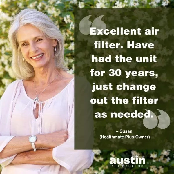 A smiling older woman stands outdoors with folded arms. Beside her, a quote praises the Austin Air Healthmate Plus Air Purifier for 30 years of use needing only filter changes. The Austin Air Systems logo is shown at the bottom.