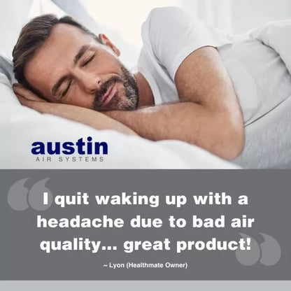 A bearded man sleeps peacefully on a white pillow. Below him, a testimonial for the Austin Air Healthmate Air Purifier reads: “I quit waking up with a headache due to bad air quality…great product!”.