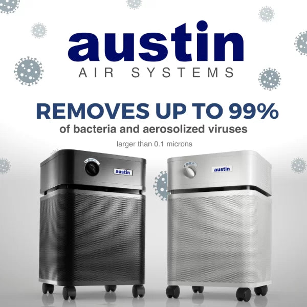 Two Austin Air Healthmate Air Purifiers—one black, one white—are shown with text: "Removes up to 99% of bacteria and viruses larger than 0.1 microns." Virus icons appear in the background.