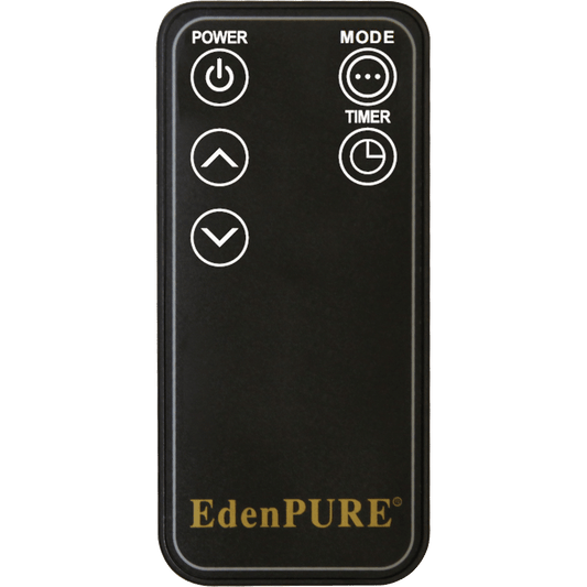 A black Remote Control for Wall Hugger & GEN21 | YN024 with four white-labeled buttons—power, up, down, and mode/timer—and “EdenPURE” in gold at the bottom; designed specifically for Wall Hugger models.