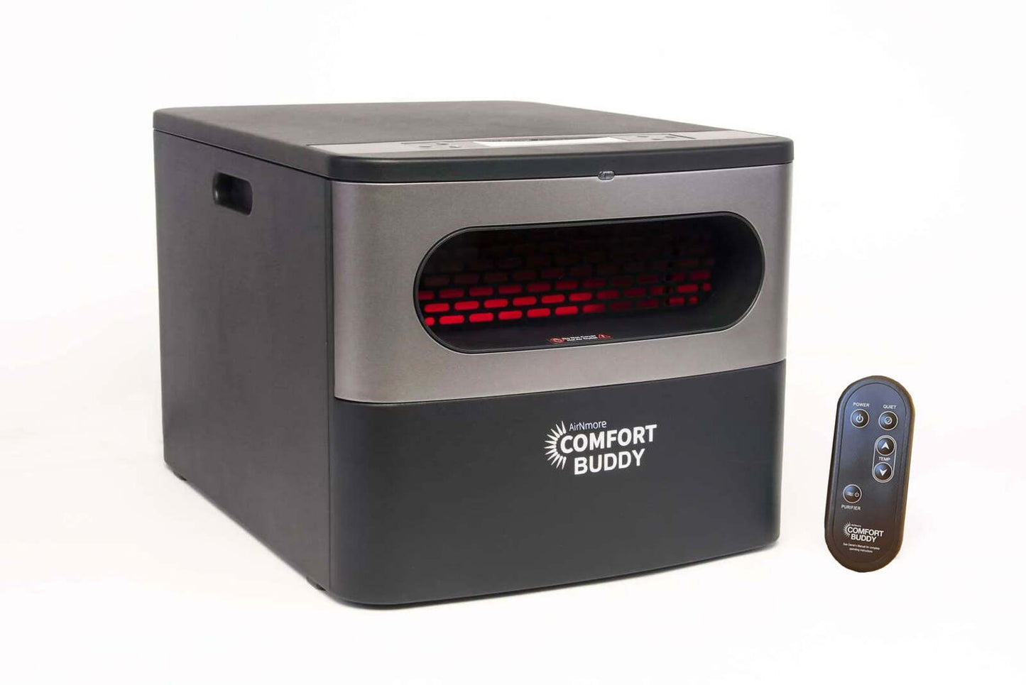 A black and gray AirNmore® Comfort Buddy portable heater with visible red heating elements and a matching black remote control, both displayed on a white background.