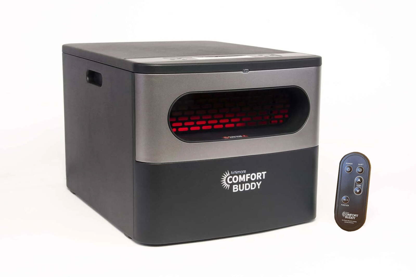 A black and gray AirNmore® Comfort Buddy portable heater with visible red heating elements and a matching black remote control, both displayed on a white background.
