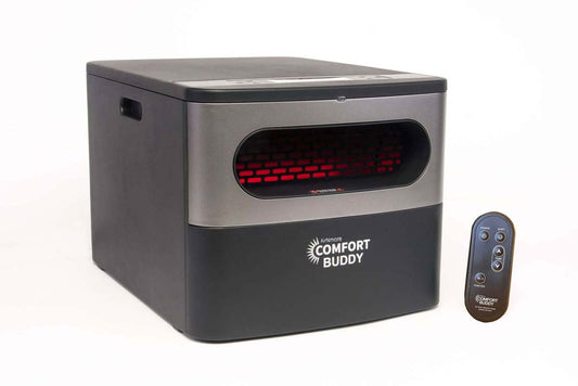 A black and gray AirNmore® Comfort Buddy portable heater with visible red heating elements and a matching black remote control, both displayed on a white background.