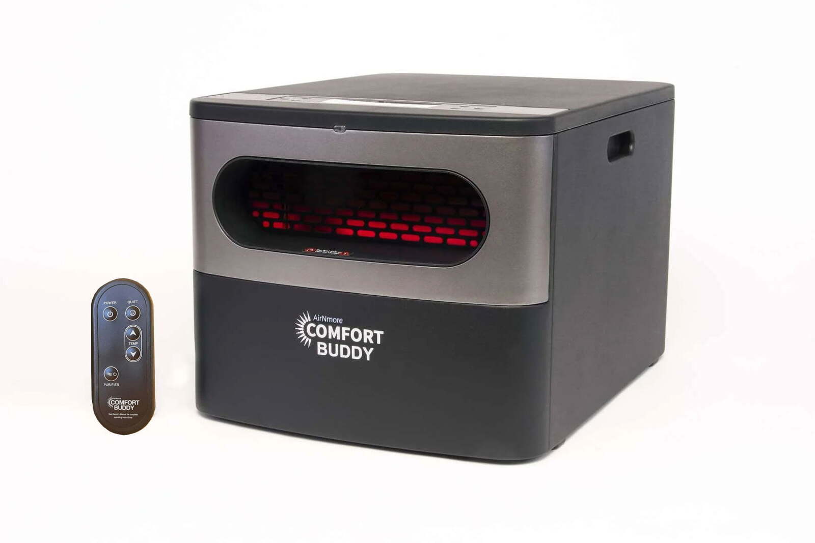 A black and gray AirNmore® Comfort Buddy portable heater with visible heating element, shown with its black remote control on a white background.