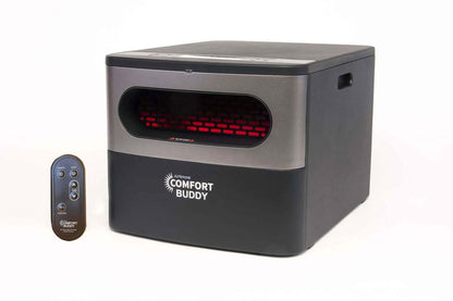 A black and gray AirNmore® Comfort Buddy portable heater with visible heating element, shown with its black remote control on a white background.