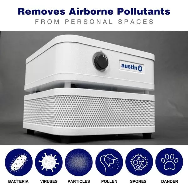 The Austin “it” Air Purifier, shown on a gray background with logo, features text: Removes Airborne Pollutants From Personal Spaces. Icons indicate it removes bacteria, viruses, particles, pollen, spores, and dander.