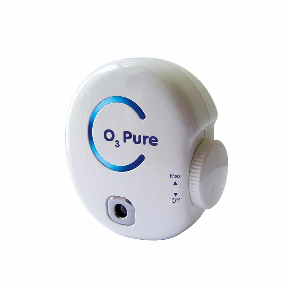 A compact white air purifier with a blue logo, control knob (Max/Off), and front circular opening, resembling the O3 Breeze-50 Plug-In Adjustable Ozone Air Purifier.