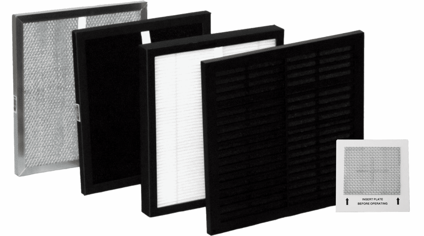 Five Filter Set with Ozone Plate units for O3 Whole House, KT3500, Rocky Mountain Summit, and AirWorx Purifiers are arranged in a row, each featuring mesh, pleated, and carbon filters. A smaller labeled filter reads “INSERT PLATE BEFORE OPERATING.”.