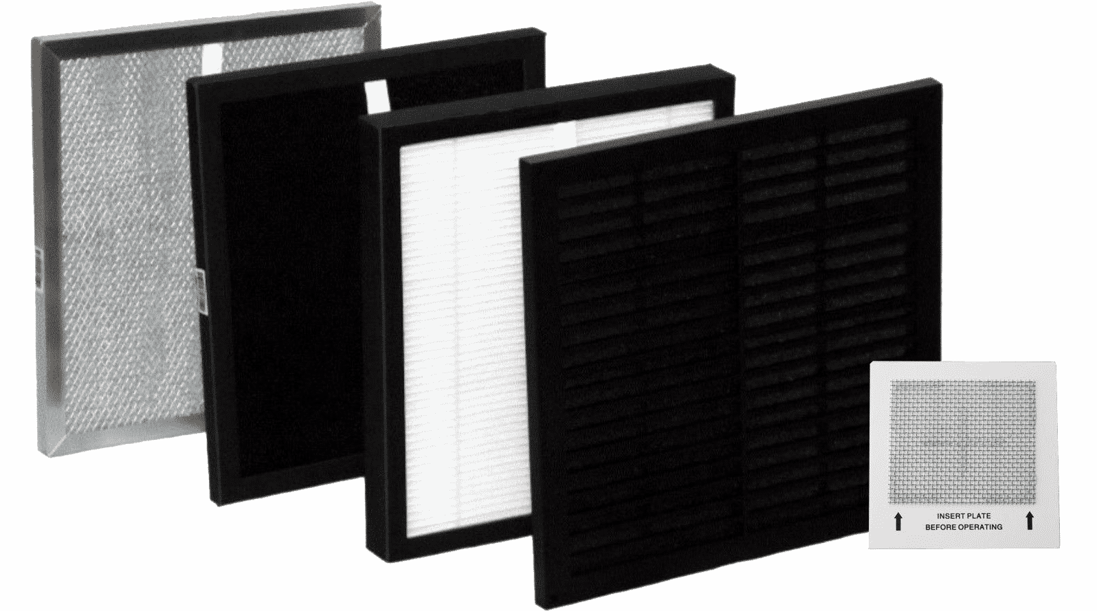 Five Filter Set with Ozone Plate units for O3 Whole House, KT3500, Rocky Mountain Summit, and AirWorx Purifiers are arranged in a row, each featuring mesh, pleated, and carbon filters. A smaller labeled filter reads “INSERT PLATE BEFORE OPERATING.”.