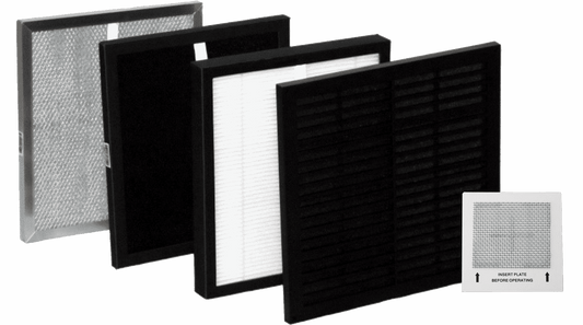 Five Filter Set with Ozone Plate units for O3 Whole House, KT3500, Rocky Mountain Summit, and AirWorx Purifiers are arranged in a row, each featuring mesh, pleated, and carbon filters. A smaller labeled filter reads “INSERT PLATE BEFORE OPERATING.”.