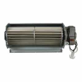 The Fan Assembly is a cylindrical metal crossflow blower fan with blades in a gray housing, featuring an electric motor and wiring at one end, viewed from the front.