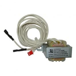 A compact Power Transformer with a metal casing, white wires and connectors including a red plug. The attached wires are loosely coiled around the transformer.