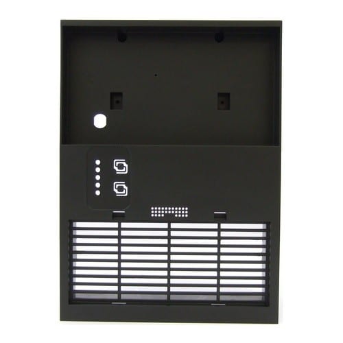 A black metal EdenPURE Rear Panel A3845-RP for Gen 3 500/500 XL, featuring a bottom vent, grid pattern, two square holes, one round hole, and white symbols/dots on the upper left side.