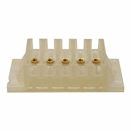 The EdenPURE Gen 3 500/500 XL Large Terminal Block (XL5TBLK-RP) is a clear plastic block with five vertical slots, each containing a brass threaded insert for secure electrical wire connections.
