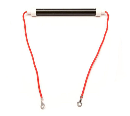 A cylindrical black Heating Element Bulb (A3841-RP) for EdenPURE Gen 3 500/500 XL, with white ends and two red wires ending in metal ring terminals, is shown on a white background.