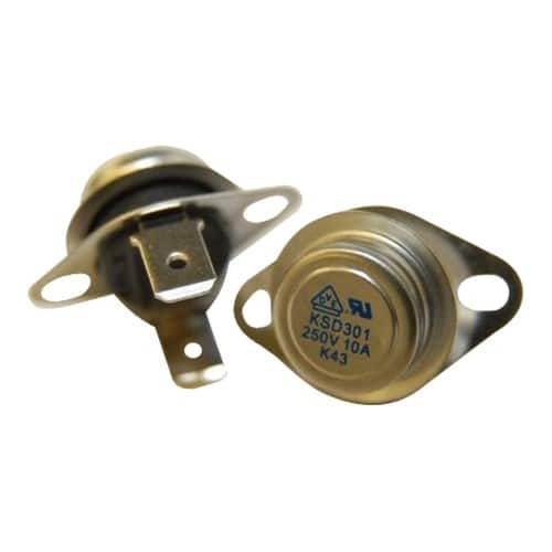 Two metal KSD301 temperature switches with mounting holes and terminals, labeled 250V 10A K43, shown front and back. Compatible with EdenPURE 500 XL Fan Sensor WLPL-01.