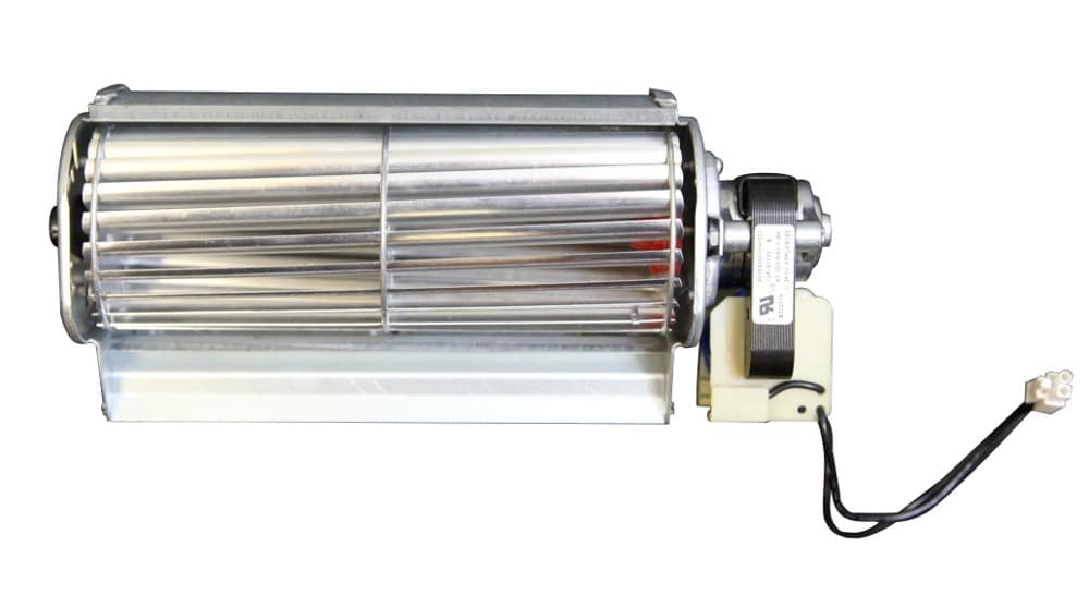 The Complete Fan | A5156 is a cylindrical metal blower fan with closely spaced blades, a black electric motor, white mounting bracket, and connector wire, designed as a replacement for the EdenPURE Complete Fan A5156.