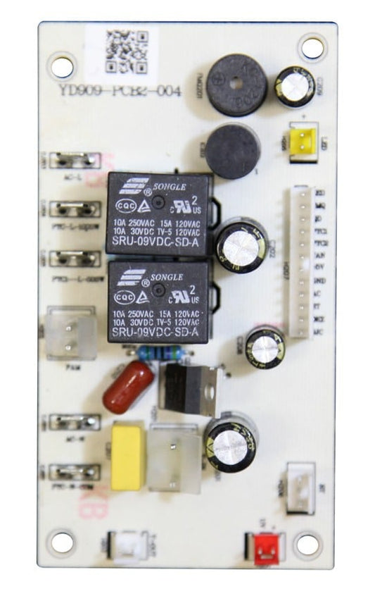 The Rear PC Control Board | A5154 is a white electronic circuit board featuring two black relays, capacitors, connectors, resistors, a yellow fuse, and the label YD909-PCB2-004 printed at the top.