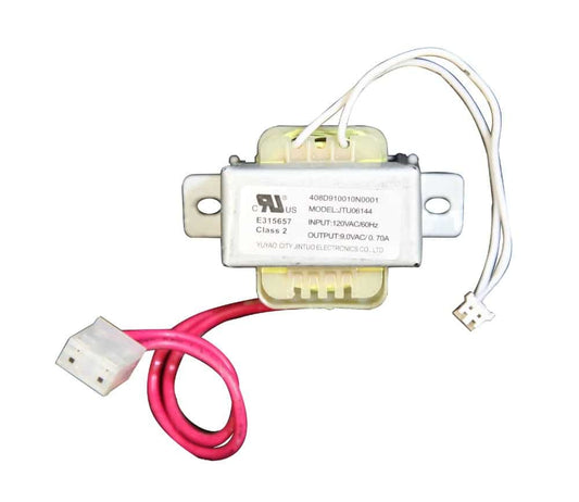 The Power Transformer | A5247 is a rectangular unit with mounting brackets, two white wires with a small connector, and two red wires with a larger connector. The label shows input/output specifications and certification marks.