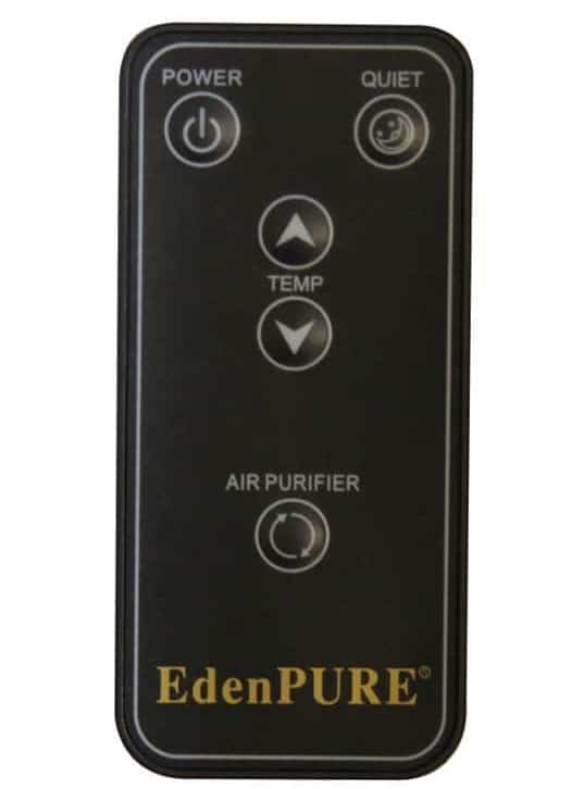 The Remote Control | A5152 is a black rectangular device with five labeled buttons—power, quiet mode, temperature up, temperature down, and air purifier—each featuring clear icons and text for easy use.