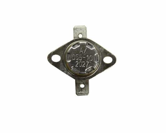 A compact metal Heat Sensor | A5244 thermostat switch with two mounting holes and engraved “A/ 0065-10 2027” on its surface, shown isolated on a white background.