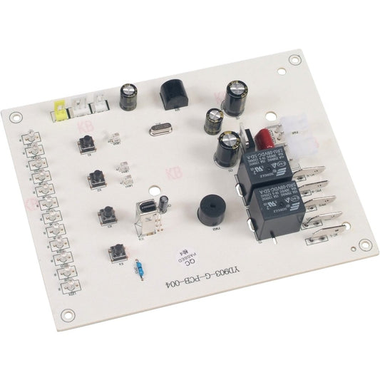 The PC Control Board | YN003 is a white board with capacitors, relays, resistors, connectors, and LEDs. Printed labels and soldered connections are visible across its surface.