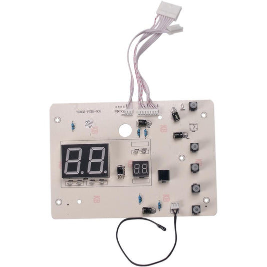 The Front PC Control Board for EdenPURE Wall Hugger - YN008 is a rectangular electronic board with a large digital display, multiple buttons, switches, and wires at the top and bottom edges.