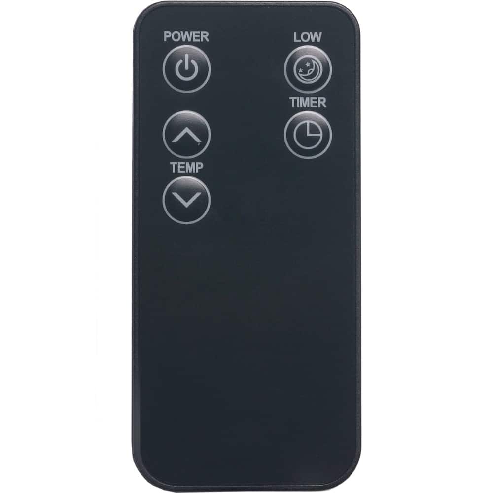 The Remote Control | YN012 features a simple design with five clearly labeled buttons—Power, Temp up, Temp down, Low, and Timer—each marked with an icon for easy use.