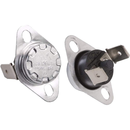 Two metal thermostat switches with mounting brackets, each with circular tops and two flat terminals, shown front and back—compatible as Left Heat Sensor for EdenPURE Wall Hugger and GEN21 (YN020) replacements.
