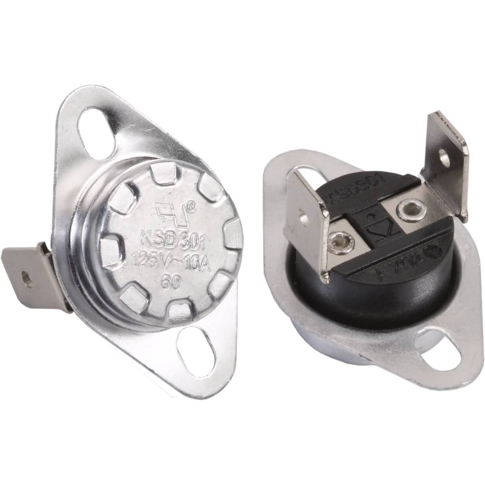 Two metal thermostat switches with mounting holes, marked KSD301 250V~10A 60—compatible as the Right Heat Sensor for EdenPURE Wall Hugger and GEN21 (YN021)—are shown: one top view, one showing two rear electrical terminals.