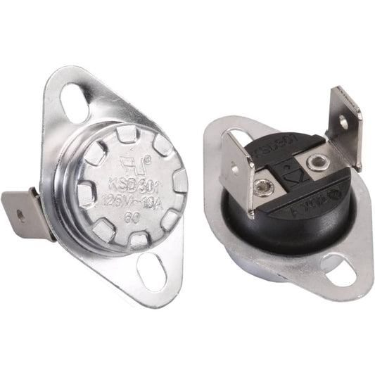 Two metal thermostat switches with mounting holes, marked KSD301 250V~10A 60—compatible as the Right Heat Sensor for EdenPURE Wall Hugger and GEN21 (YN021)—are shown: one top view, one showing two rear electrical terminals.