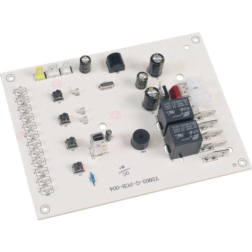 The PC Control Board | YN003 is a white board with capacitors, relays, resistors, connectors, and LEDs. Printed labels and soldered connections are visible across its surface.