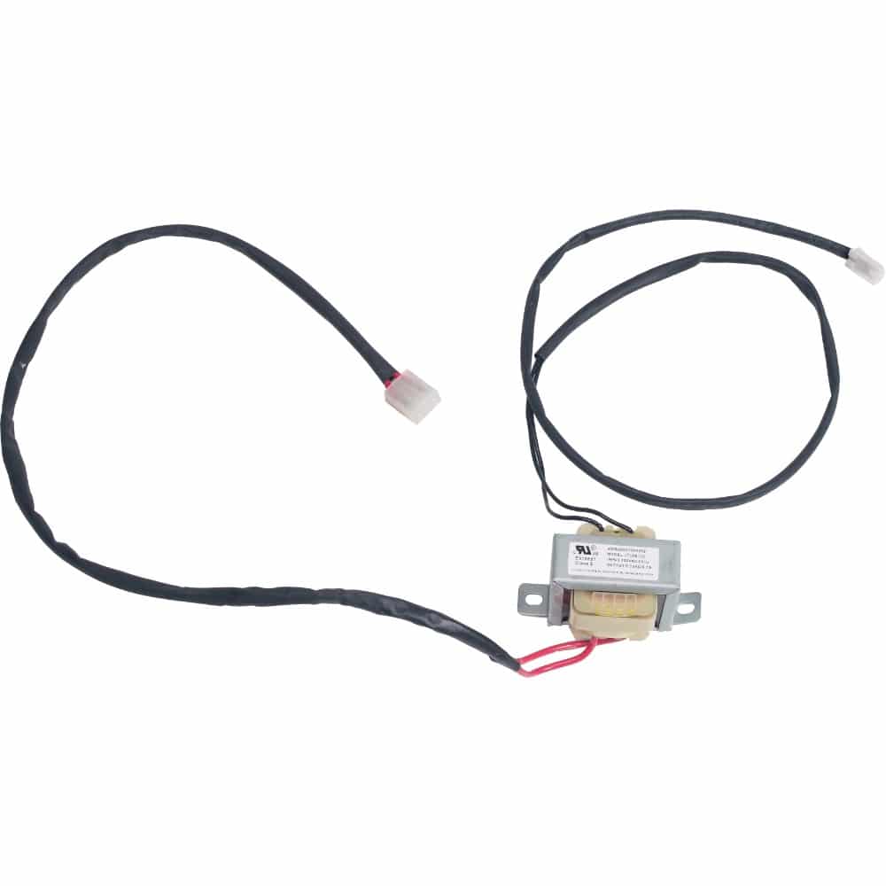 A black electrical wire with connectors is attached to a small EdenPURE Copper Smart Power Transformer YN016, mounted on a bracket. The coiled wire rests on a white background.