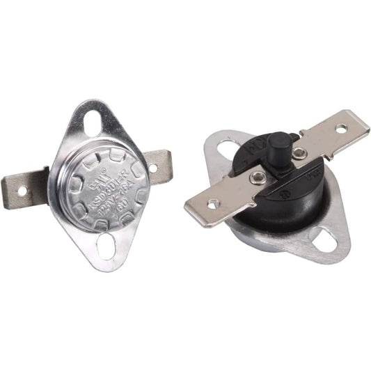 Two metal thermostat switches are shown: one with the marked metal surface, the other showing the black plastic top with two screw terminals and a mounting bracket—ideal as a Bottom Heat Sensor YN018 replacement for EdenPURE Copper Smart.