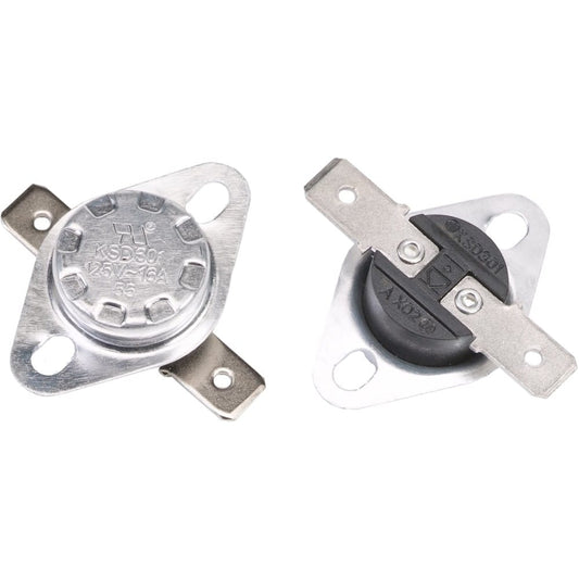 Two metal thermostat switches with mounting brackets are side by side—one shows the top labeled "Top Heat Sensor | YN017 | EdenPURE Copper Smart," while the other displays the bottom with electrical terminals.