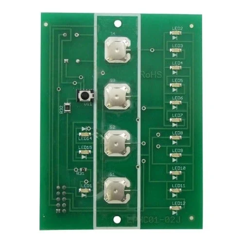 The Control Board | US011 features a green board with four large vertical buttons, LEDs labeled LED01 to LED15, a black push-button switch, and various electronic components.